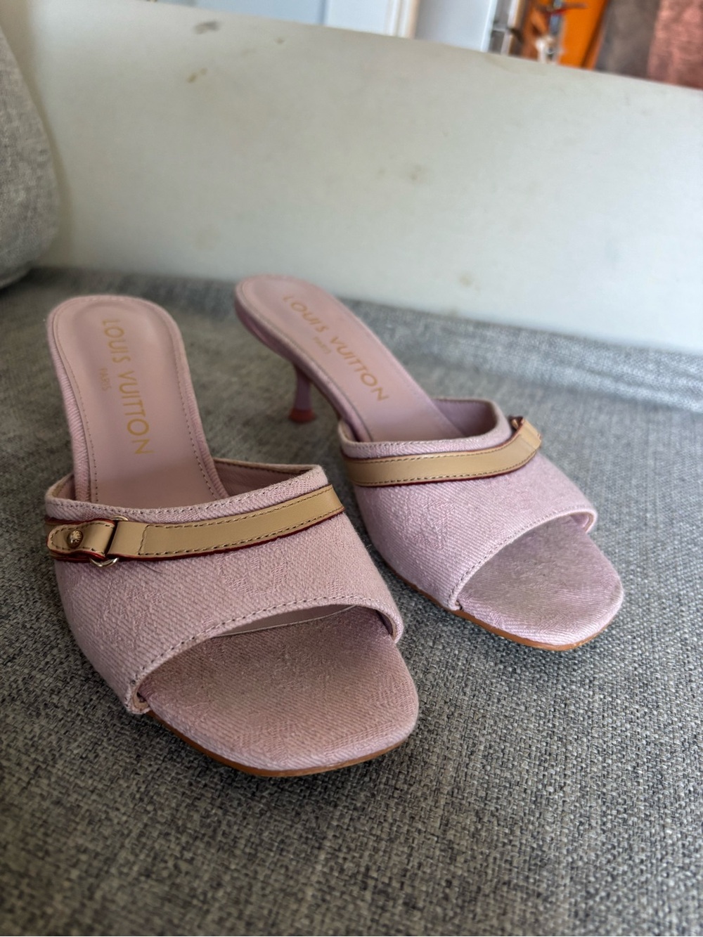 Louis Vuitton Light Pink Open-Toe Mules with Beige Trim sightly used. Size 7